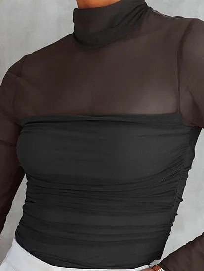 Women’s Long Sleeve Sheer Mesh Ruched Going Out Bodysuits Tops