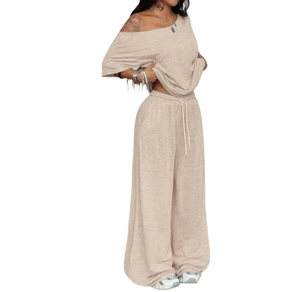Women's Casual Solid Color Sport Two-Piece Set Loose Long Pants