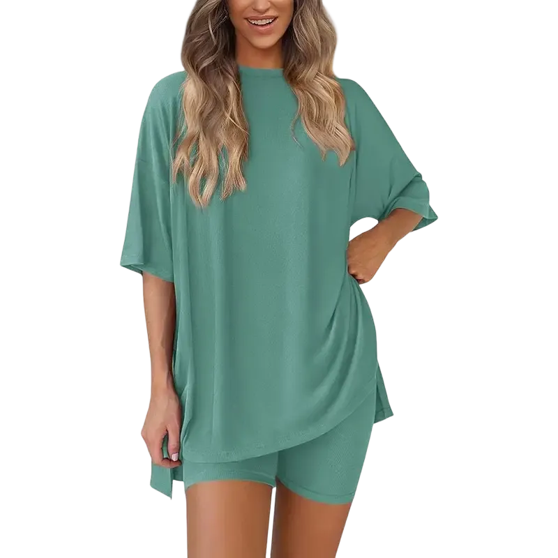 Women's two-piece set: slit-hem shirt paired with shorts