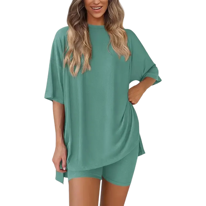 Women's two-piece set: slit-hem shirt paired with shorts