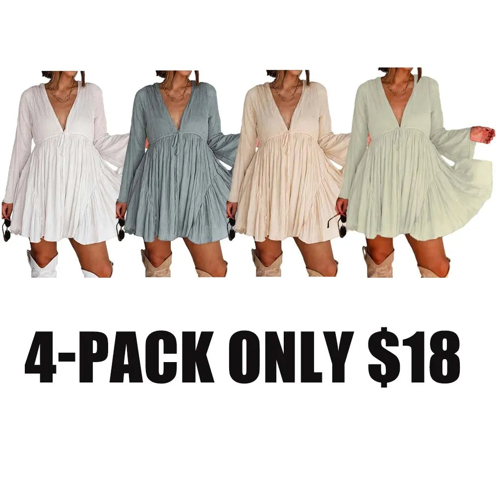 Women's V Neck Long Sleeve Mini Dress