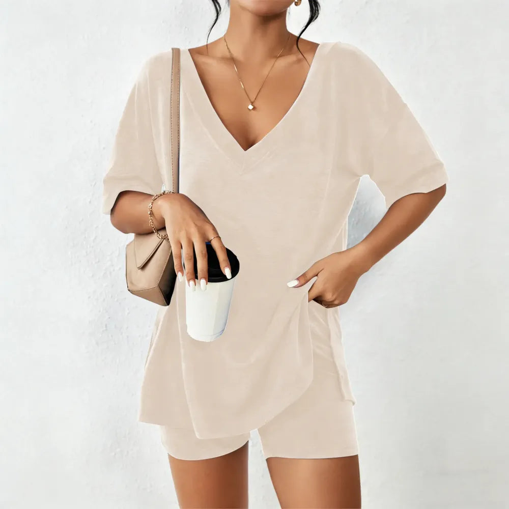 Women's Two-Piece Pajama Set Casual Oversized V Neck Split Hem Shirts