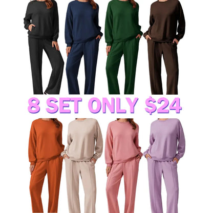 2-Piece Long Sleeve Sweatshirt Drawstring Straight Leg Pants