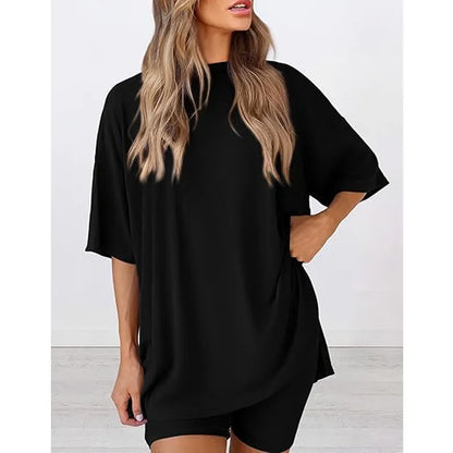 Women's two-piece set: slit-hem shirt paired with shorts
