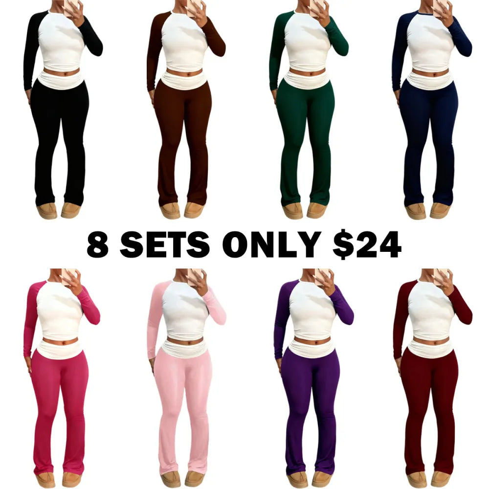 Round Neck Long Sleeve Color Block T-Shirt with Ruffled Flare Pants Set