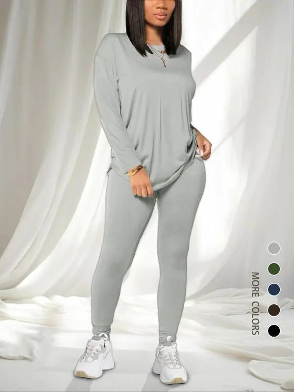 Women's Solid Drop Shoulder Tee & Elastic Waist Skinny Pants Two-piece Set