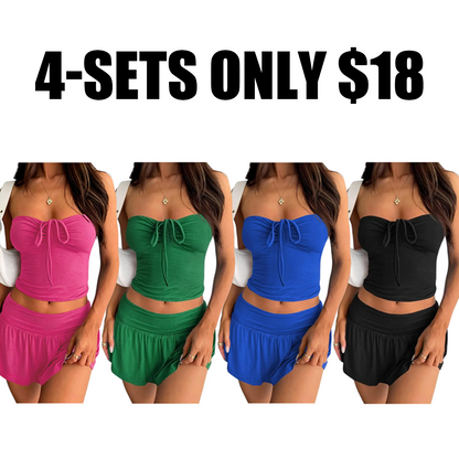 Womens 2 Piece Summer Outfits Y2k Crop Tube Tops and Pleated Mini Skirts Beach Sets