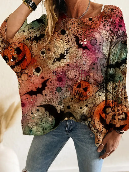Women's Halloween Pumpkin Print Long Sleeve Knit Top