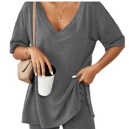 Women's Two-Piece Pajama Set Casual Oversized V Neck Split Hem