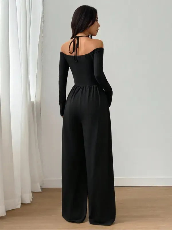 Women's Solid Color Off-Shoulder Ruched Wide Leg Casual Jumpsuit