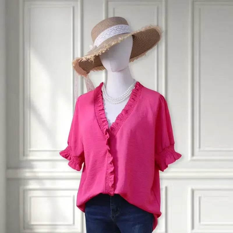 Ruffle Trim V - Neck Blouse