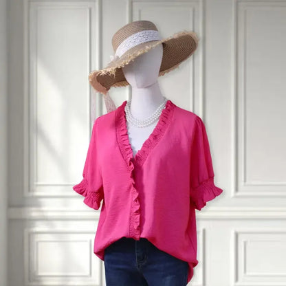 Ruffle Trim V - Neck Blouse