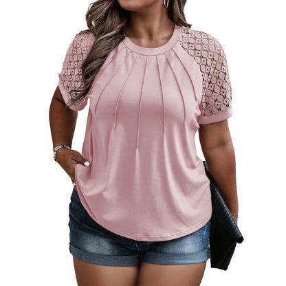 Plus Size Tops for Women Summer Lace Short Sleeve Crewneck