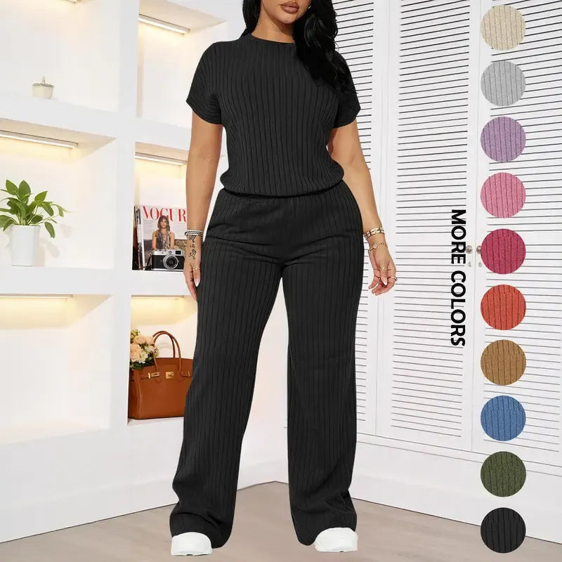 Women's Solid Shortsleeve Crewneck Ribbed Top & Wide Leg Pants