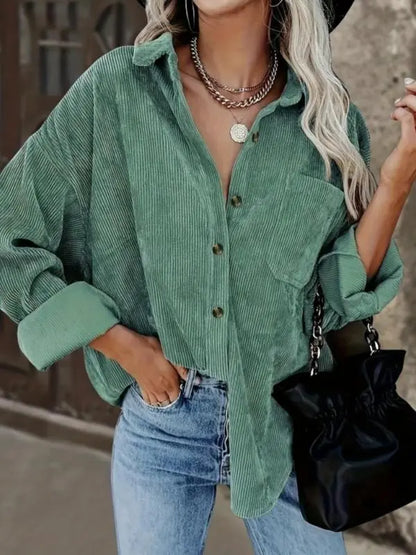 Plain Pocket Button Front Corduroy Shirt