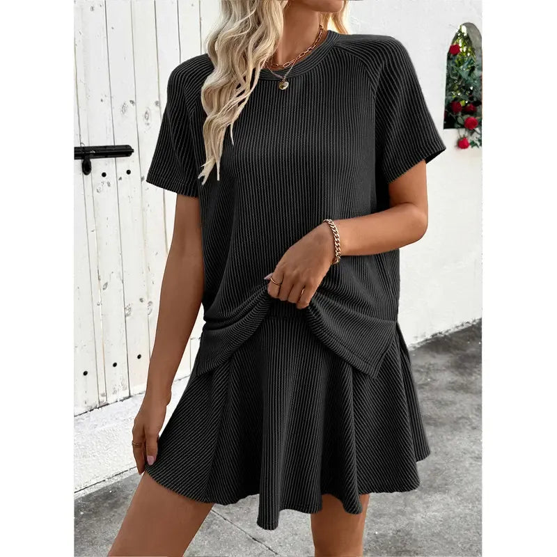 Women's 2 Piece Sets Ribbed Knit Short Sleeve Tops & Lined Pleated Mini Skirt Lounge Sets
