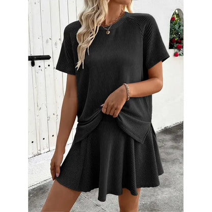 Women's 2 Piece Sets Ribbed Knit Short Sleeve Tops & Lined Pleated Mini Skirt Lounge Sets