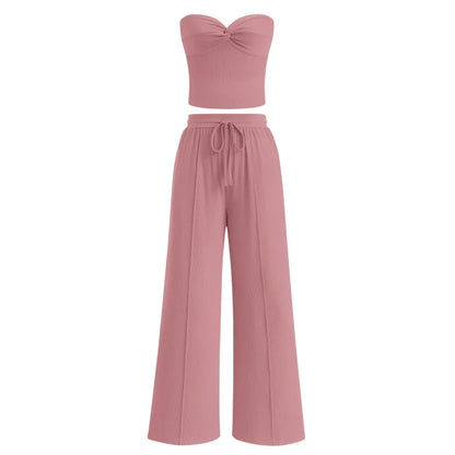 Women Summer Ribbed Strapless Twist Knot Tube Top Pants Set