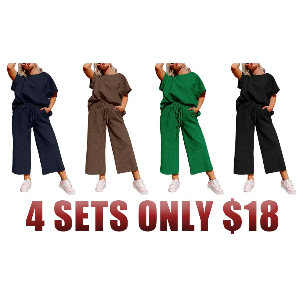 Women's Plus Size Short Sleeve Top & High Waist Wide Leg Pants 2-Piece Lounge Set