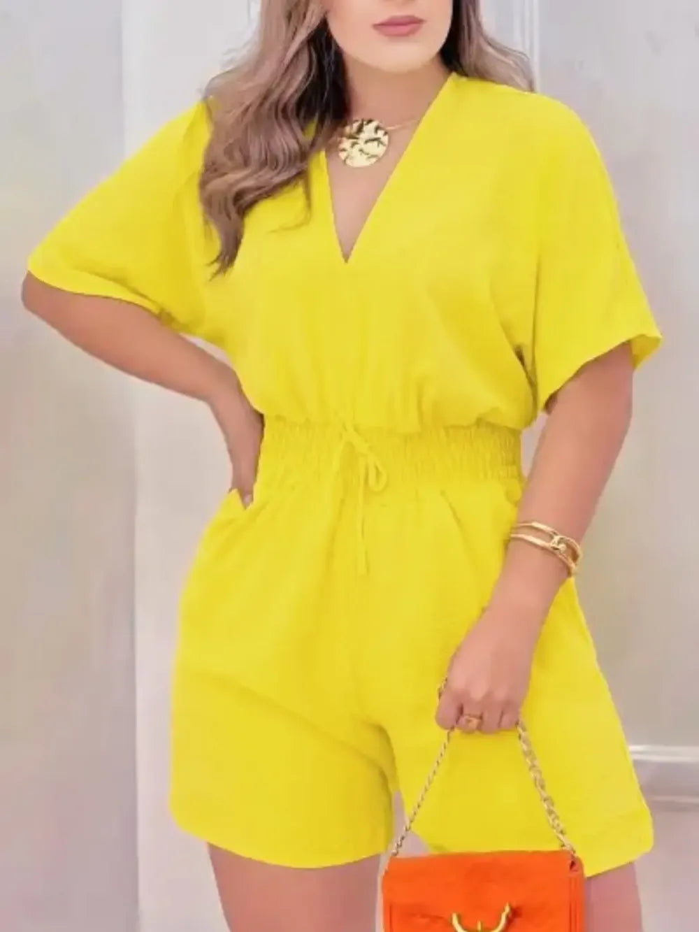 Women's Plain Drawstring Shirred Waist Fitted V Neck Romper
