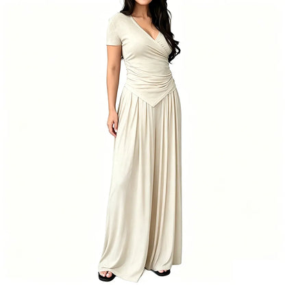 V Neck Wrap Top & High Waist Wide Leg Pants Set