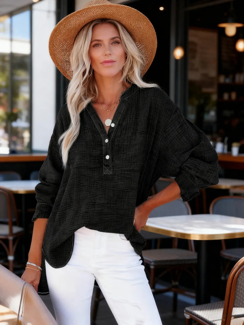 Women's Casual Button V Neck Long Sleeve Shirts
