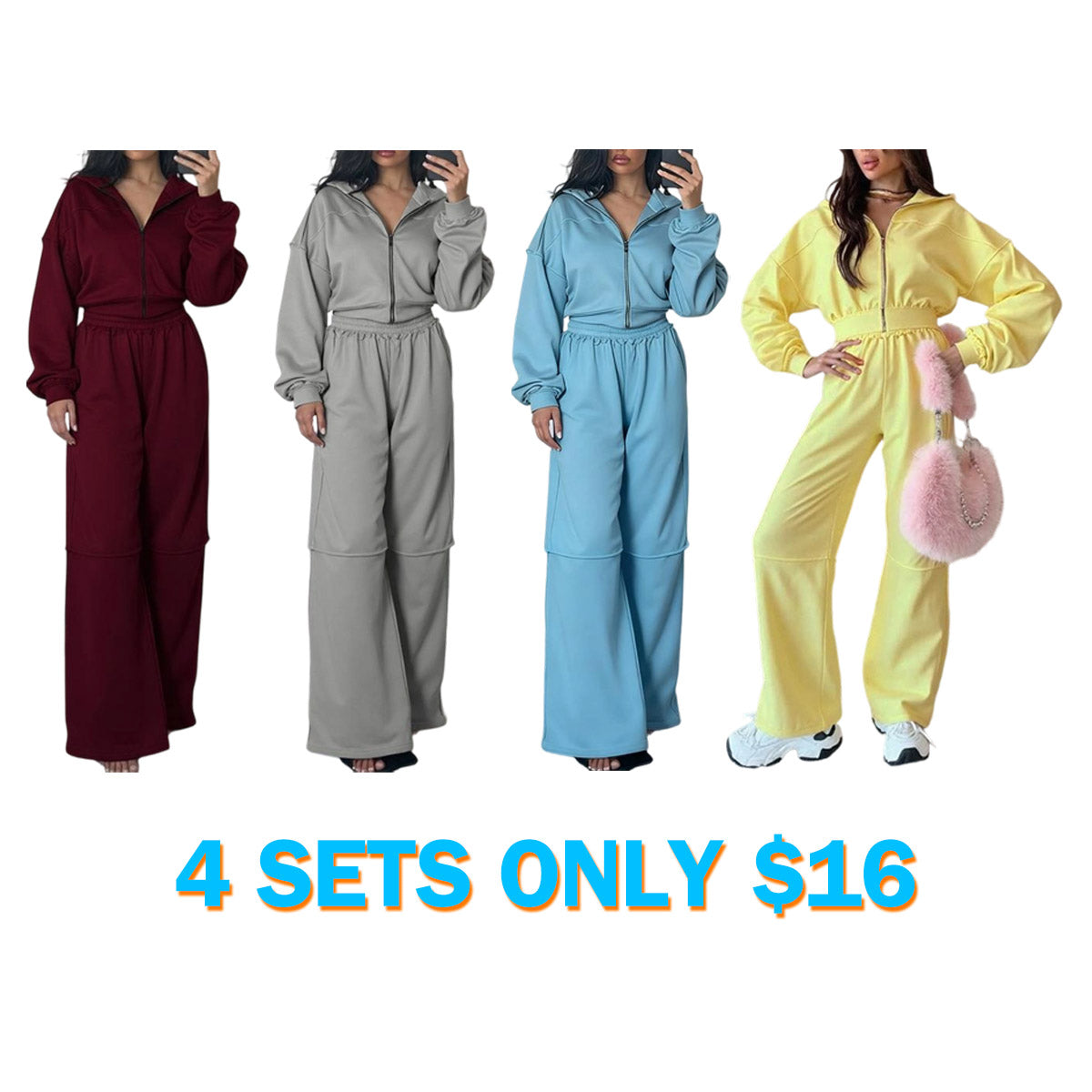 Women's Solid Zip Up Hooded Sweatshirt & Pocket Elastic Waist Pants Two-piece Set