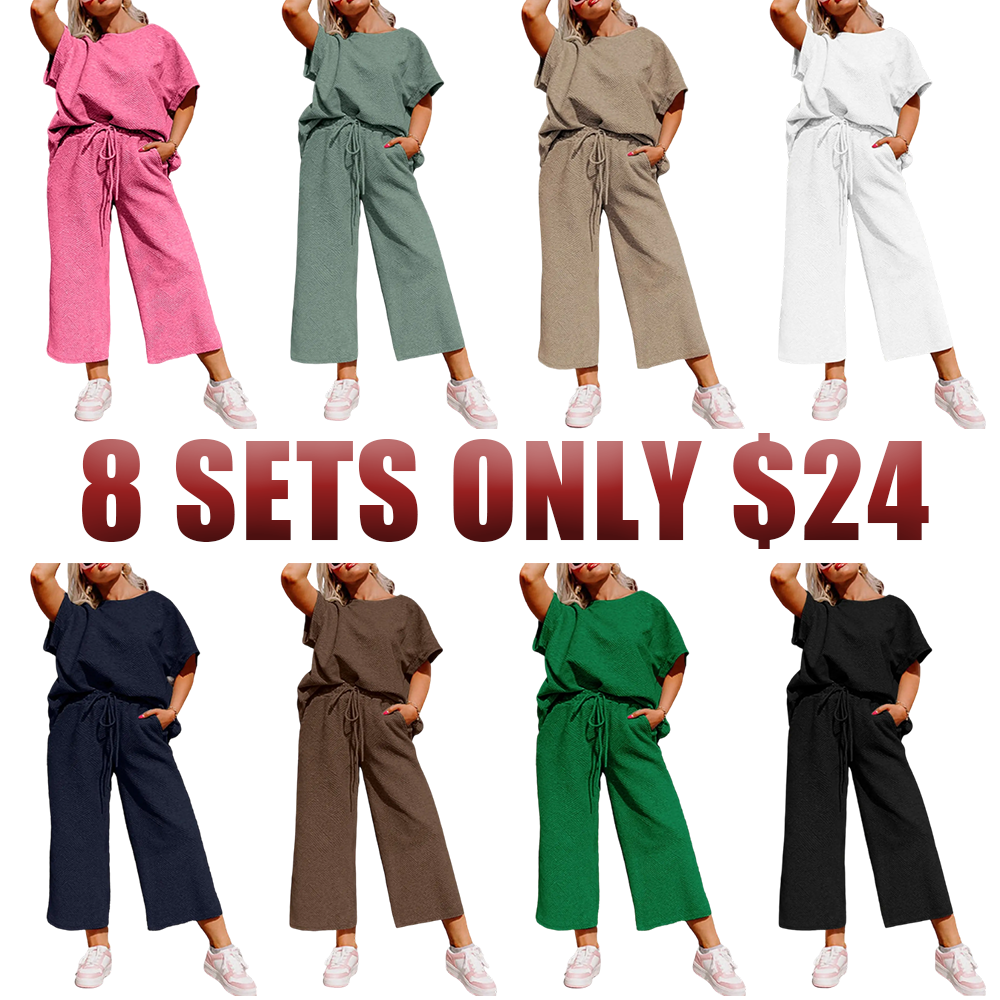 Women's Plus Size Short Sleeve Top & High Waist Wide Leg Pants 2-Piece Lounge Set