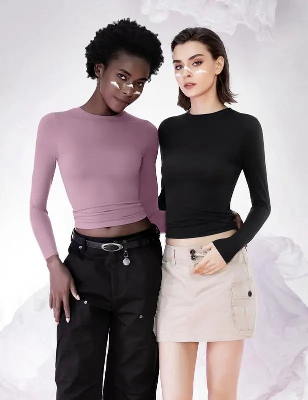 Long Sleeve Basic Tee Women's Crew Neck Slim Fit Tops Streetwear Minimalist Double Layer Compression Tee