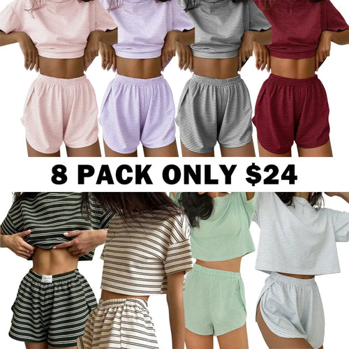 Women's Striped Print Drop Shoulder Tee & Wrap Split Shorts Pyjama Set