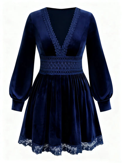 Velvet Lace Patchwork Lantern Sleeve Long Dress