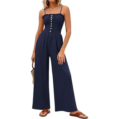 Jumpsuits for Women Summer Sleeveless Smocked Button Wide Leg Rompers