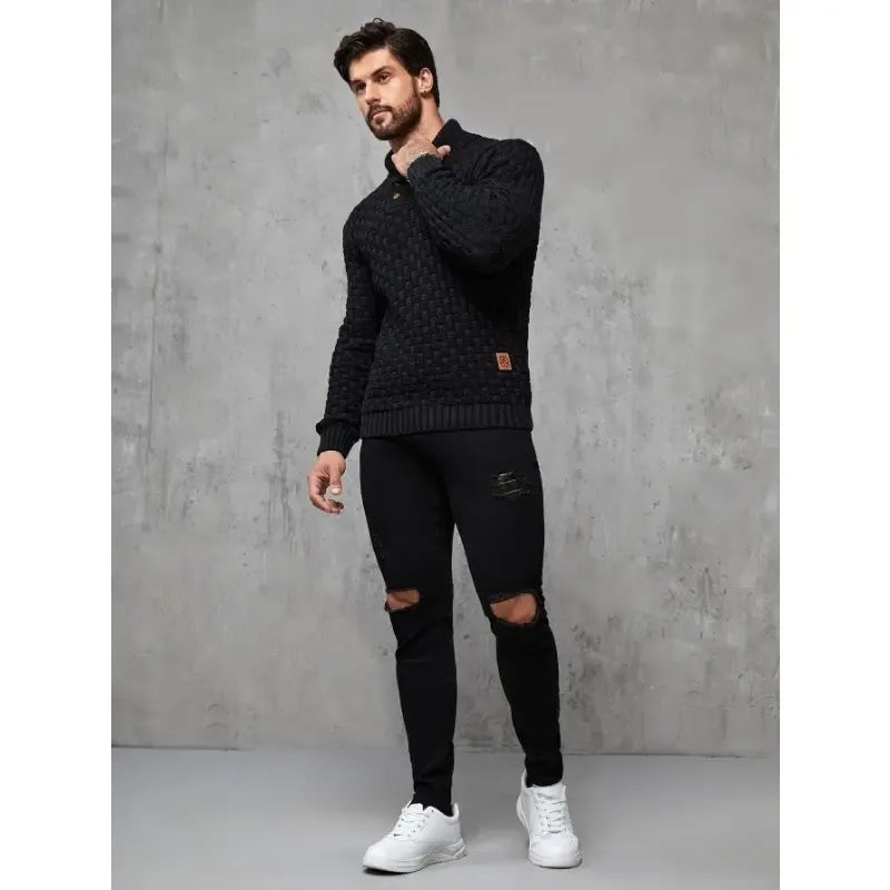 Men's Regular Textured Patched Detail Shawl Collar Sweater