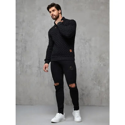 Men's Regular Textured Patched Detail Shawl Collar Sweater