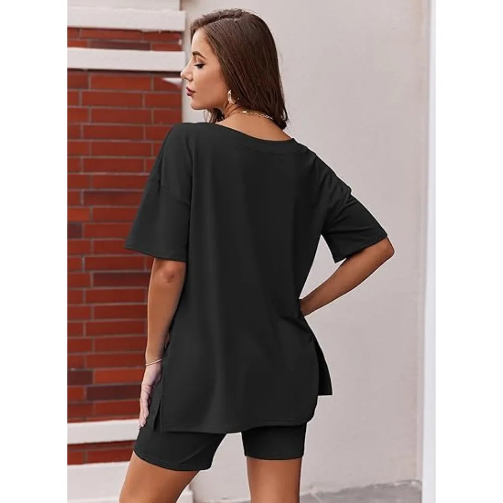Oversized V-Neck Pajama Set for Women Soft Lightweight 2-Piece Loungewear