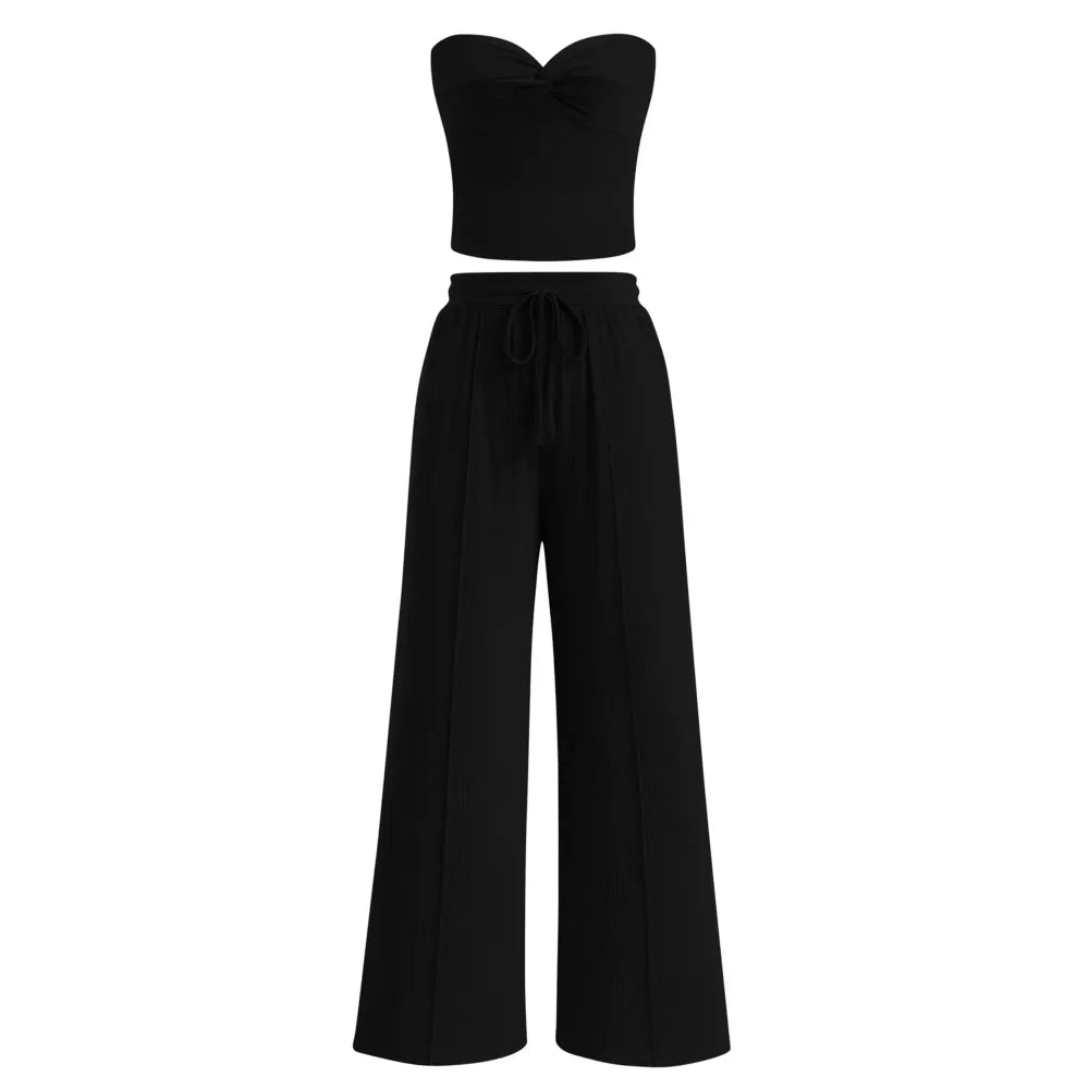 Women Summer Ribbed Strapless Twist Knot Tube Top Pants Set