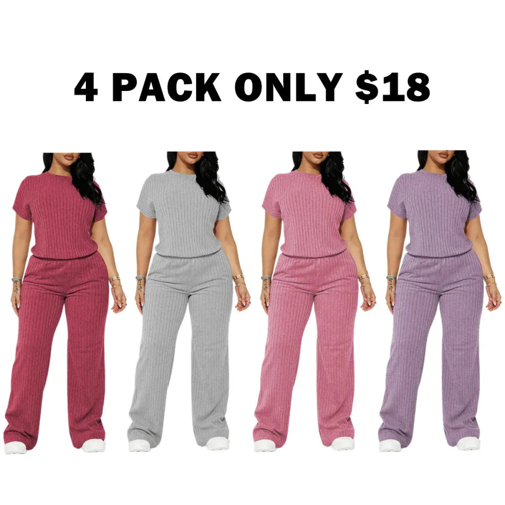 Women's Solid Shortsleeve Crewneck Ribbed Top & Wide Leg Pants