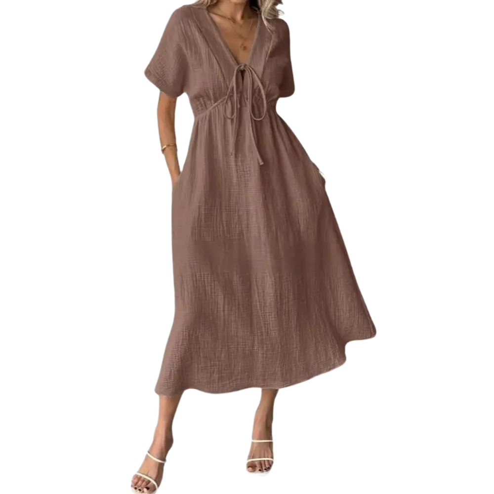 Women's Summer Solid Color V-Neck Cotton Dress