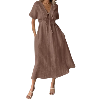 Women's Summer Solid Color V-Neck Cotton Dress