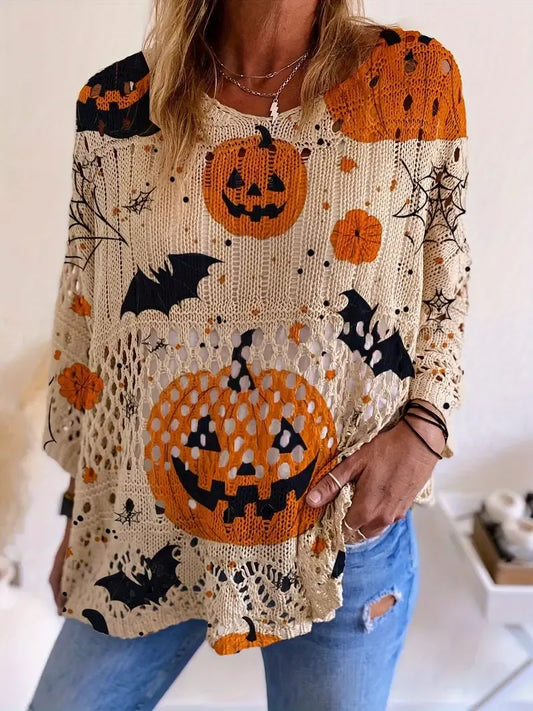 Women's Halloween Pumpkin Print Long Sleeve Knit Top