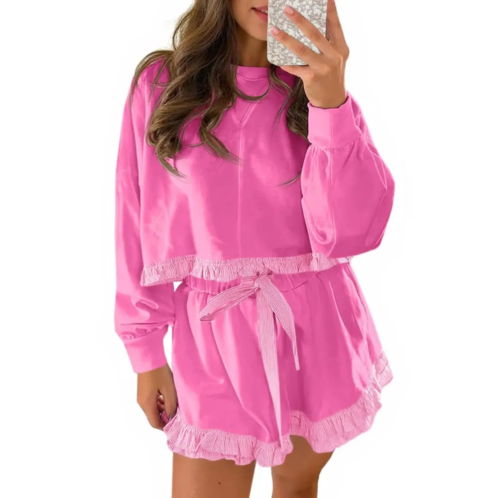 Women's 2 Piece Lounge Sets Ruffle Color Block Cropped Sweatshirts