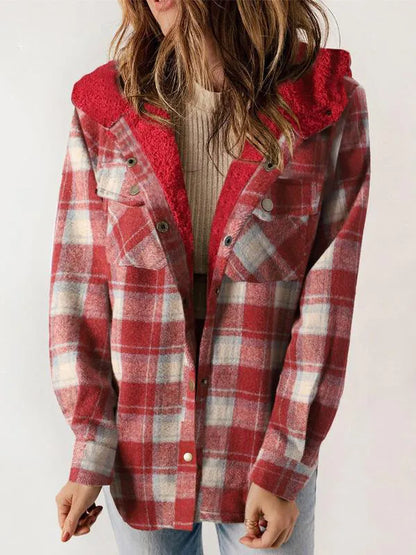 Women's Plaid / Houndstooth Print Button Front Hooded Coat
