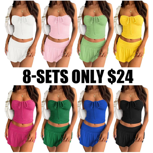 Womens 2 Piece Summer Outfits Y2k Crop Tube Tops and Pleated Mini Skirts Beach Sets