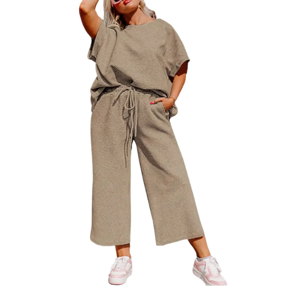 Women's Plus Size Short Sleeve Top & High Waist Wide Leg Pants 2-Piece Lounge Set