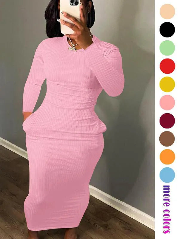 Women's Solid Pocket Long Sleeve Bodycon Dress