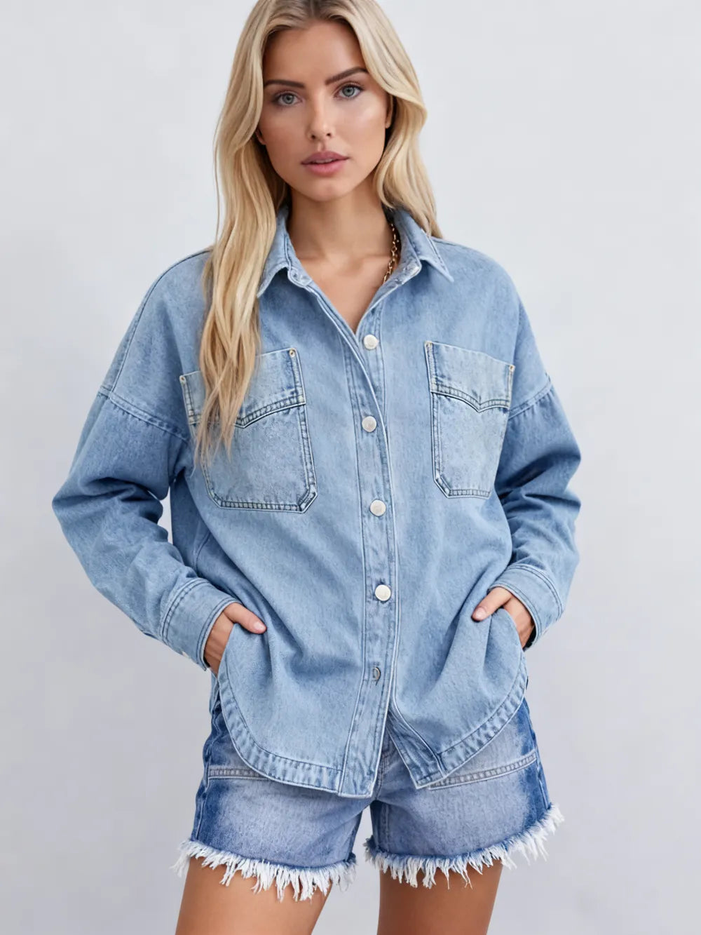 Women's Plain Button Front Drop Shoulder Curved Hem Denim Jacket