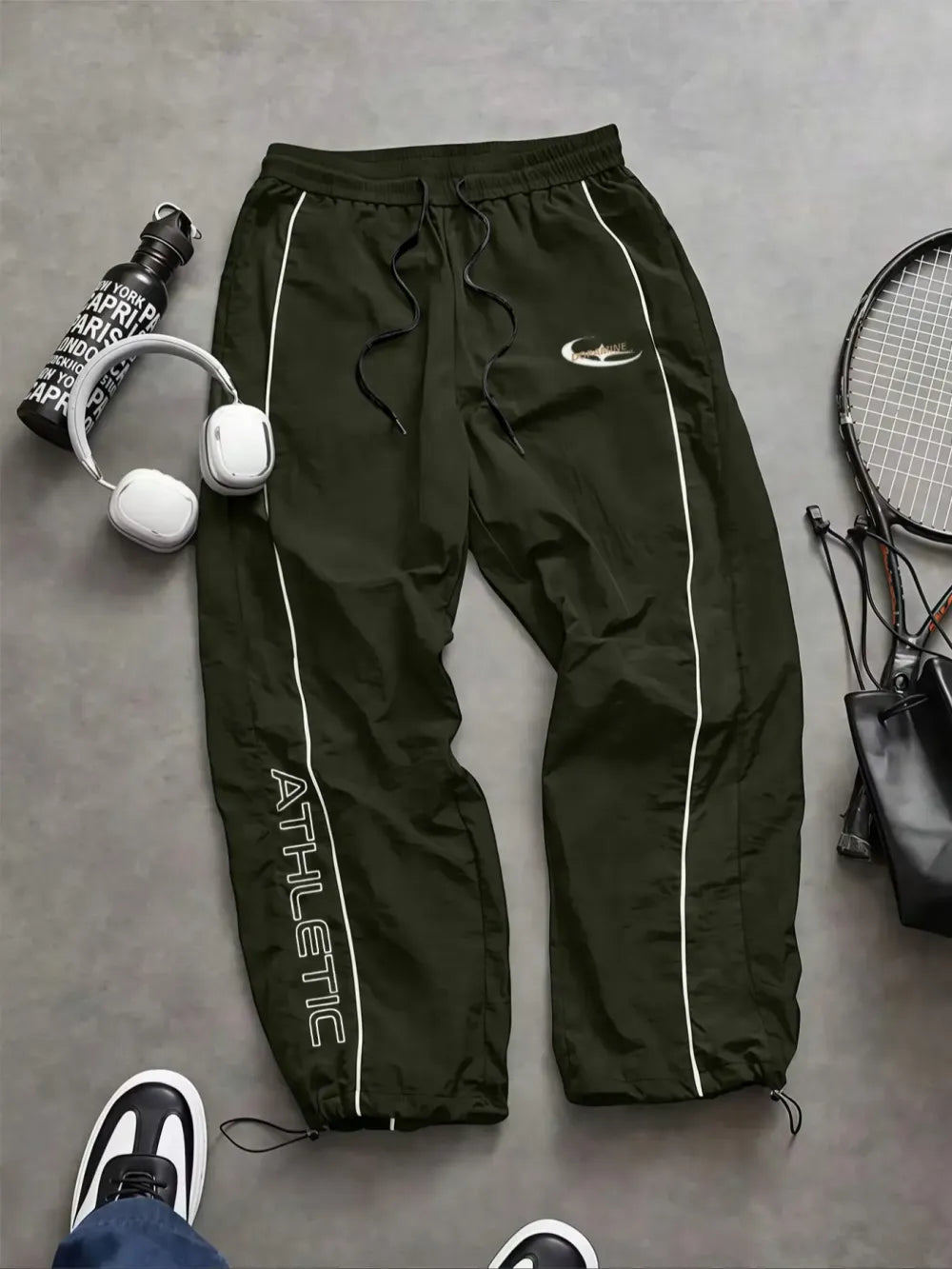 Men's Casual Sporty Long Pants, Loose Fit Drawstring Cuff