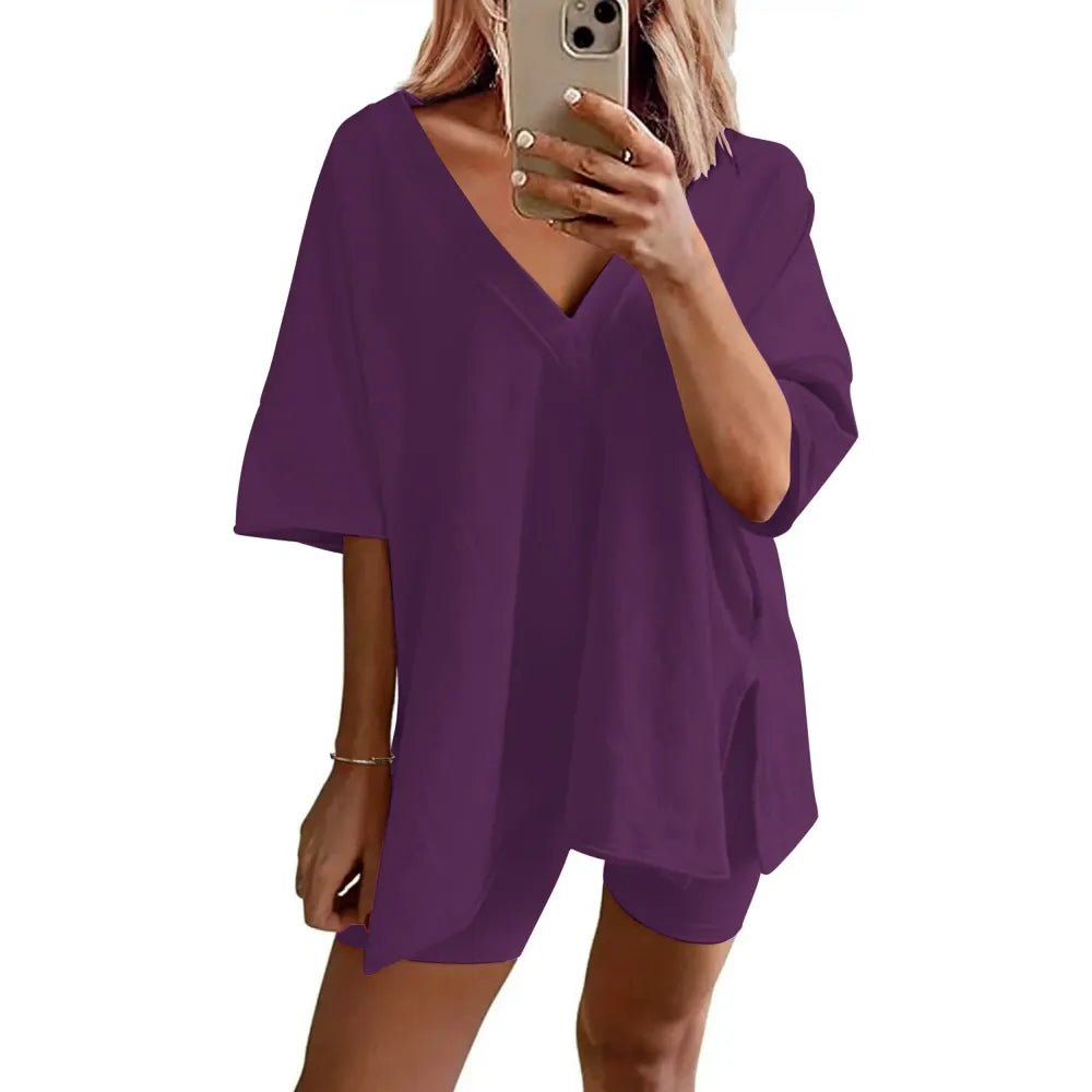 Women's Two-Piece Pajama Set Casual Oversized V Neck Split Hem Shirts