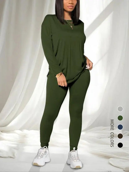 Women's Solid Drop Shoulder Tee & Elastic Waist Skinny Pants Two-piece Set