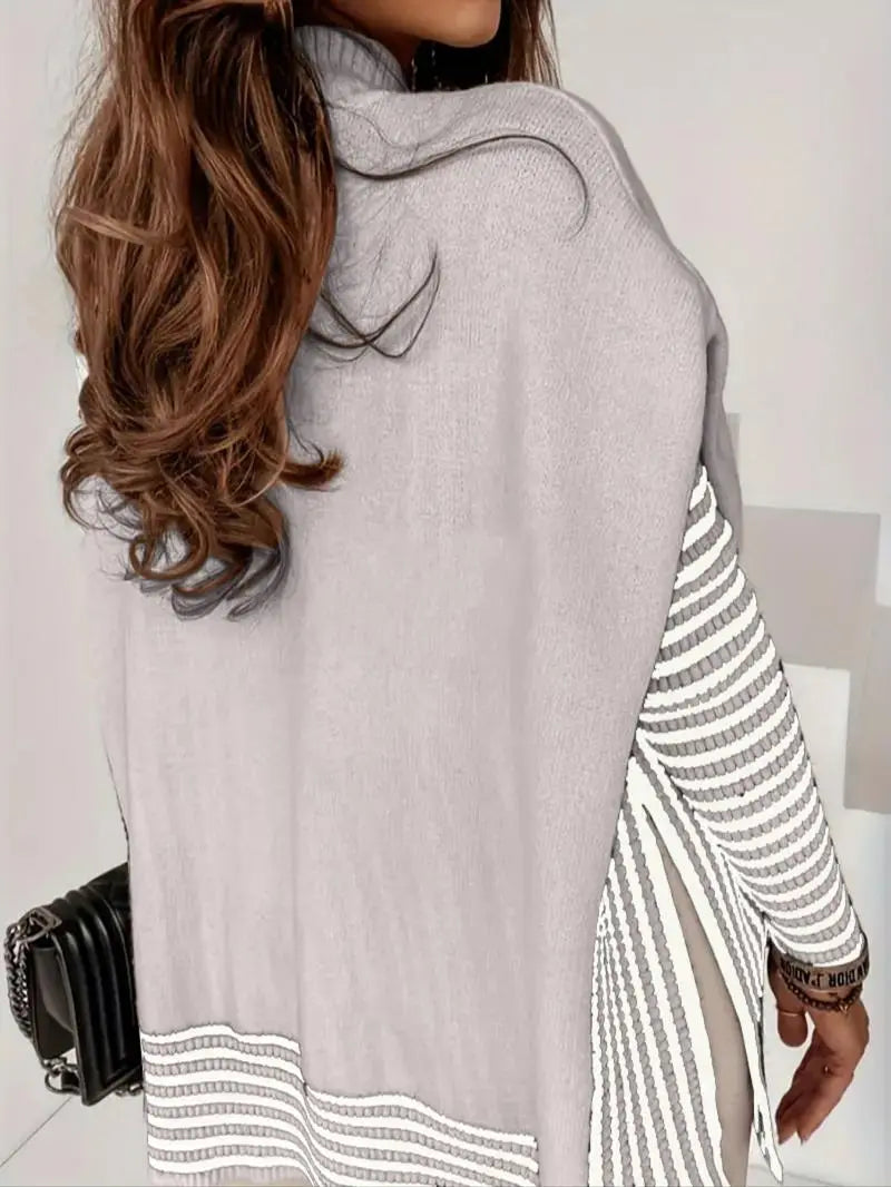 Striped Patchwork Print Batwing Sleeve Split Hem Sweater